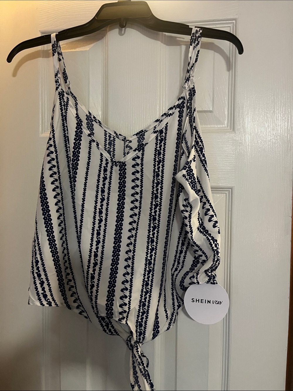 SHEIN White & Navy Vertical Stripe Tie-Front Cami
